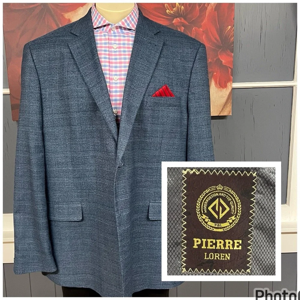 Pierre Loren Blazer Sport Jacket Men 50L Long Polyester Blend Stretch Blue Plaid
